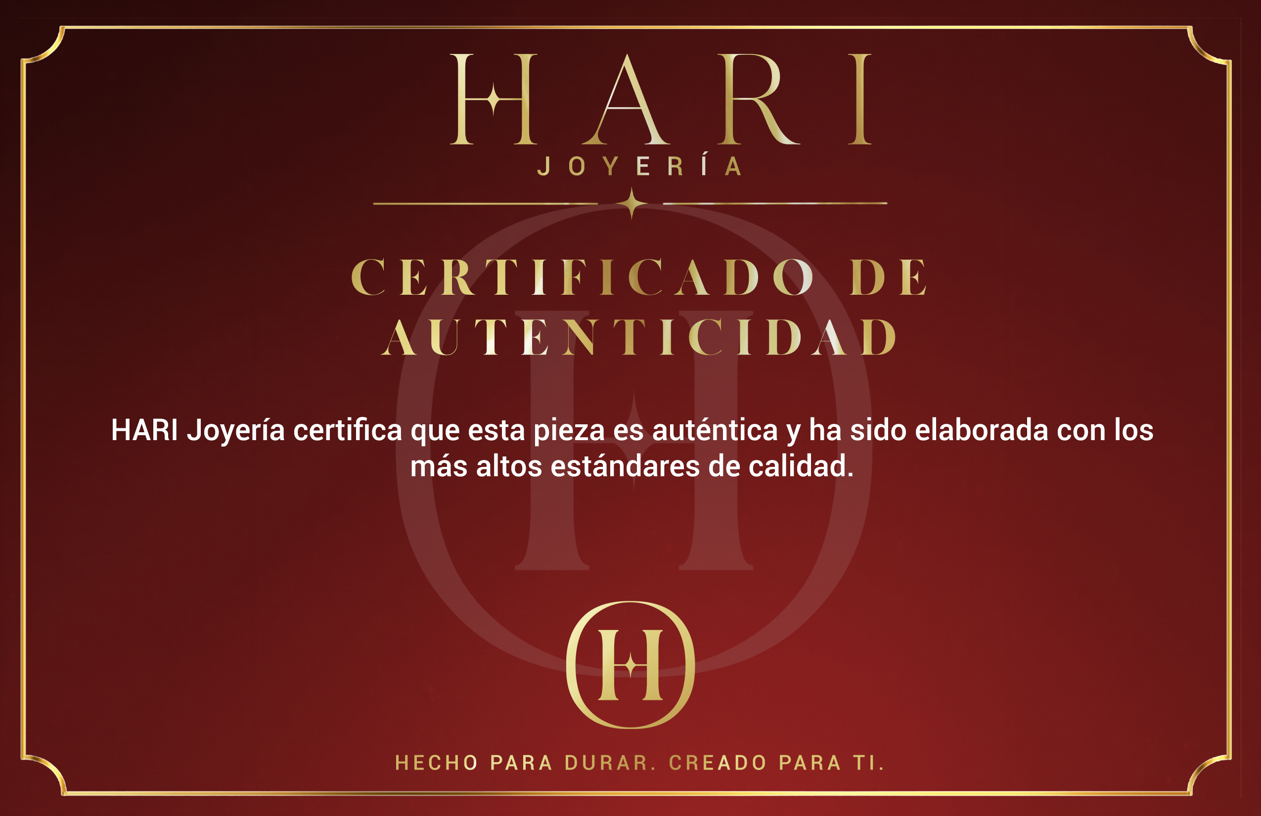 Certificado de autenticidad HARI Joyería — frente y reverso